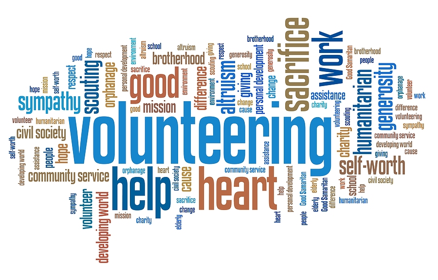 Volunteer concept words like humanitarian, brotherhood, community service